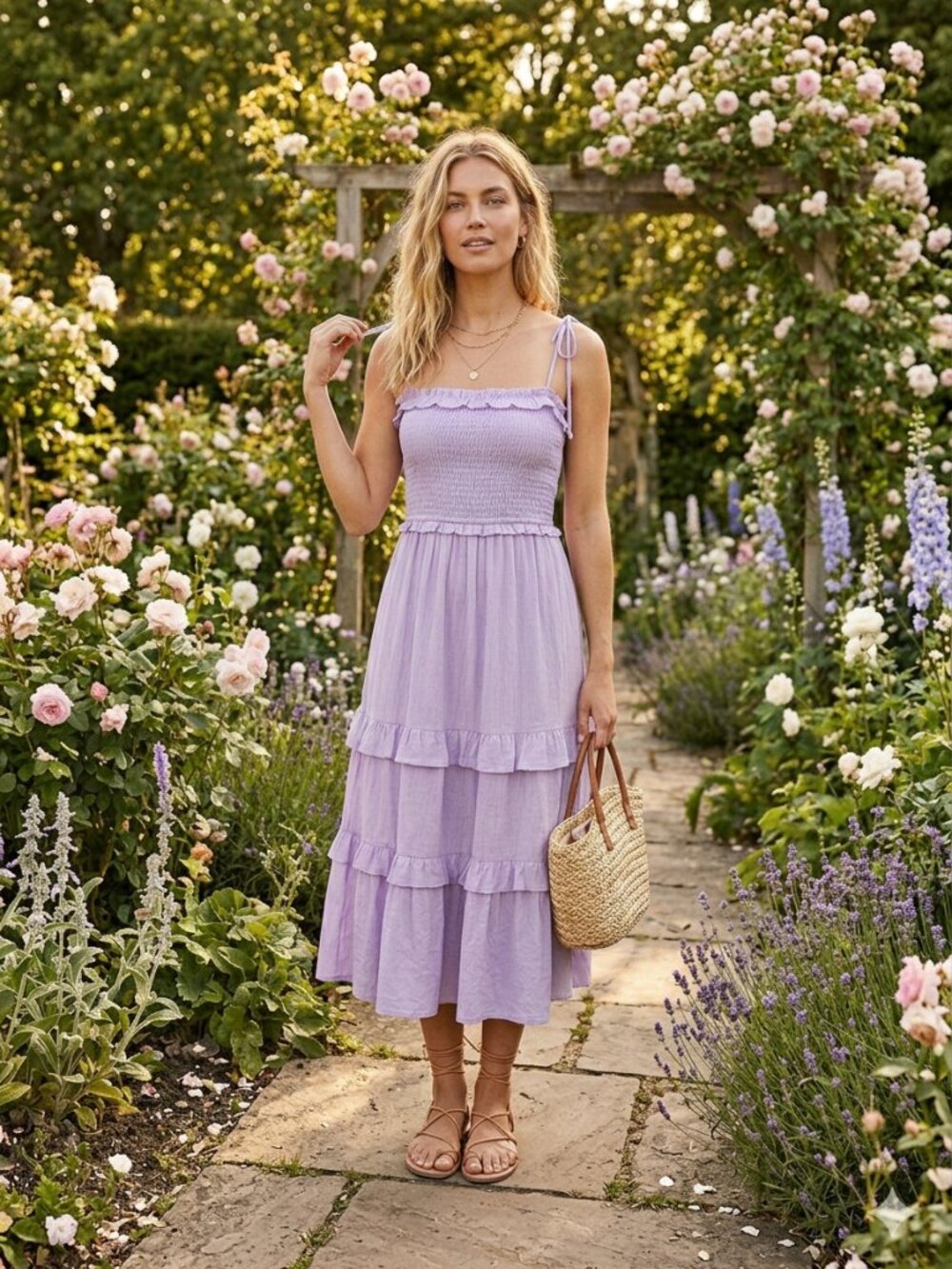 Topshop Lavender Smocked Ruffle Midi Dress Cottagecore Summer Lightweight Size 6